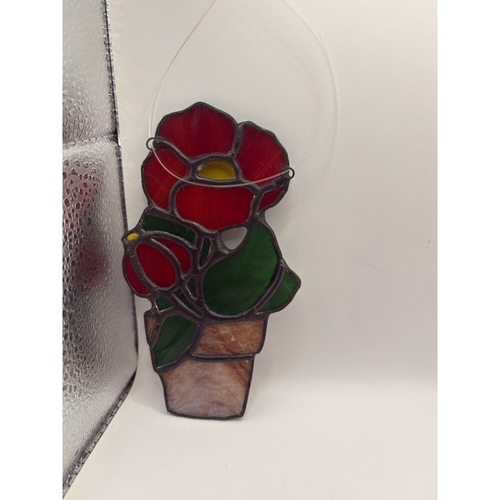 Stained Glass Rose Sun Catcher Red Flower Window Hanging Handmade Style